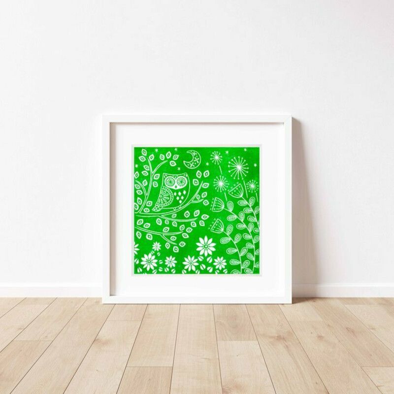 Kristina Owl Linocut Print - Green