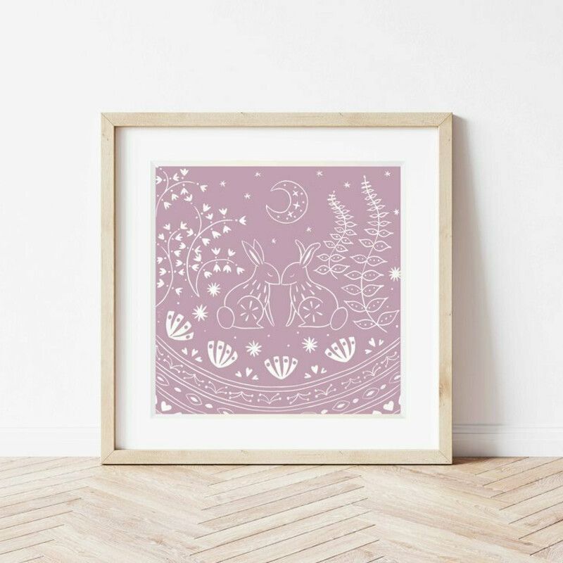 Evelyn and George Bunny Linocut Print - Dusky Pink