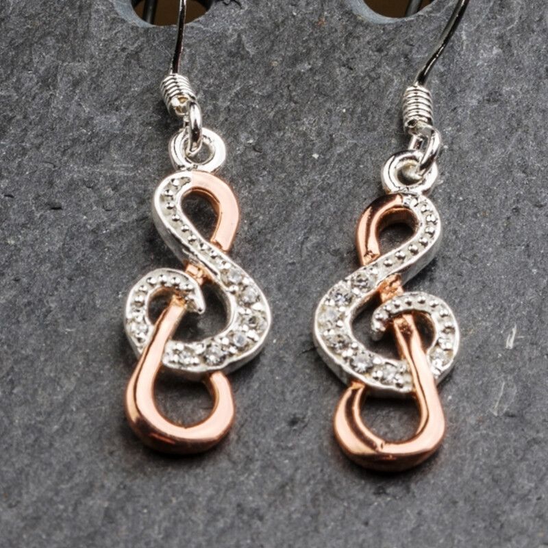 Sterling Silver and Rose Gold Plated Treble Clef Earrings