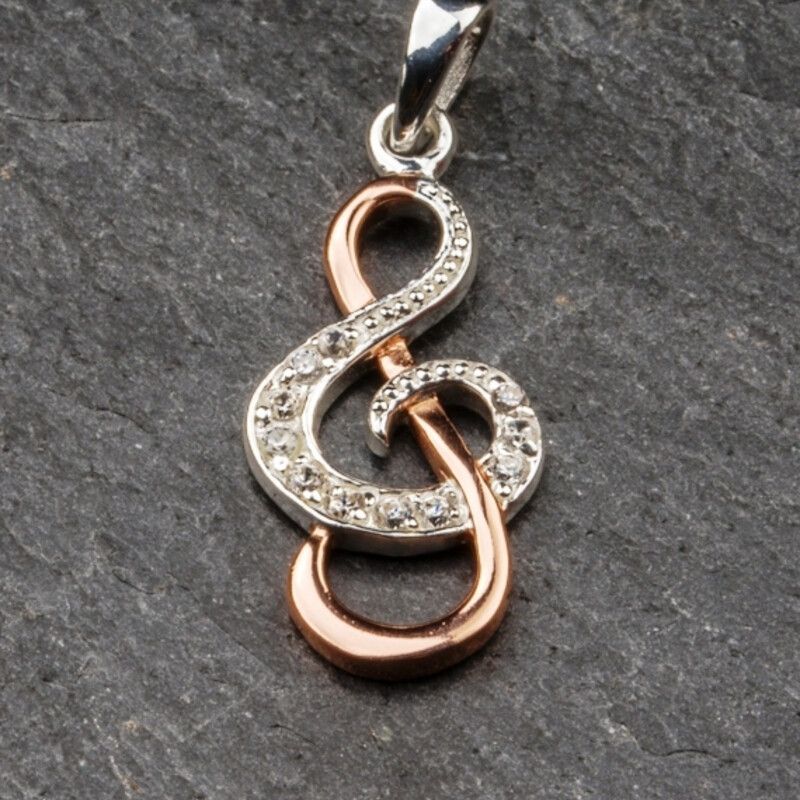 Sterling Silver and Rose Gold Plated Treble Clef Pendant