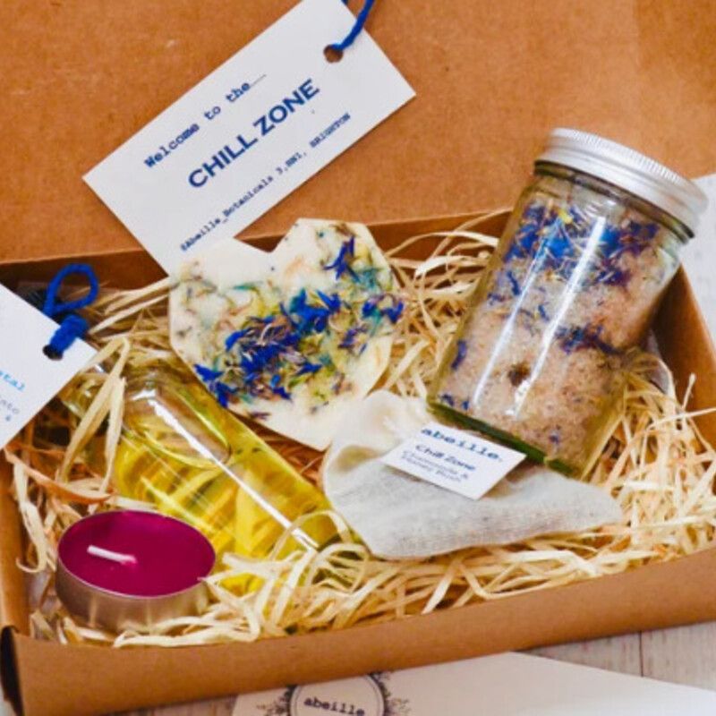 Relaxing Gift Set - Welcome to Chill Zone! Lavender Bath Soak, Jasmine & Lavender Body Oil, Shea Butter Heart Soap, Organic Tea, Candle