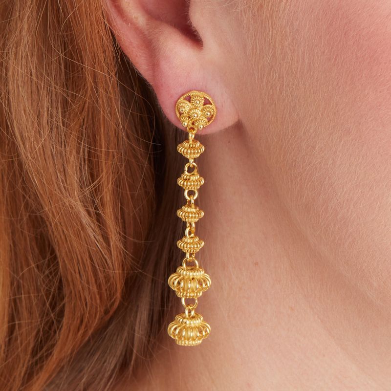 gold beads long drop stud earrings