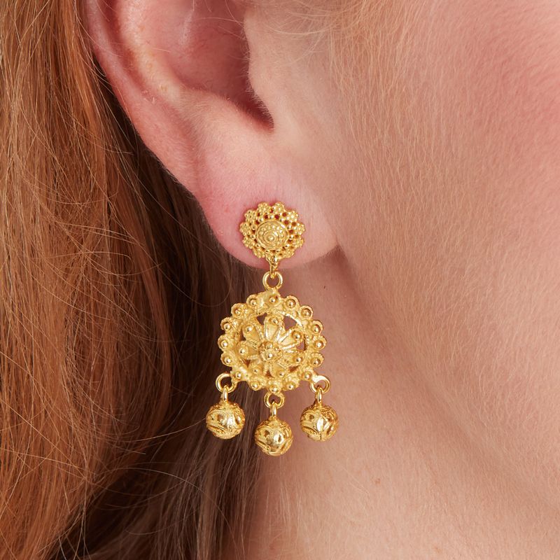 gold stud and filigree dangly ball charm drop earrings
