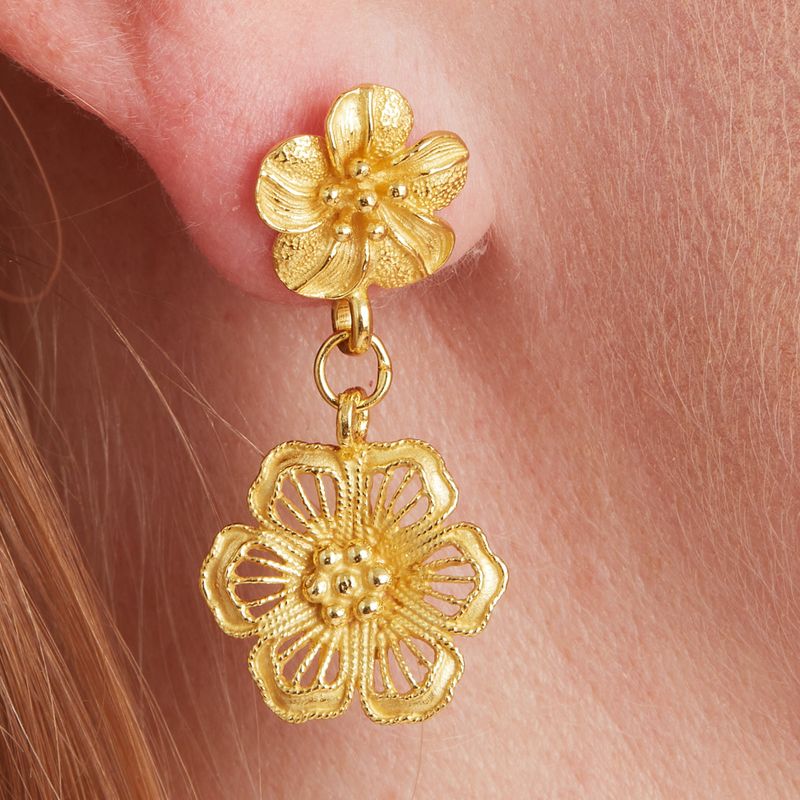 Gold Filigree Double Drop Flower Stud Earrings