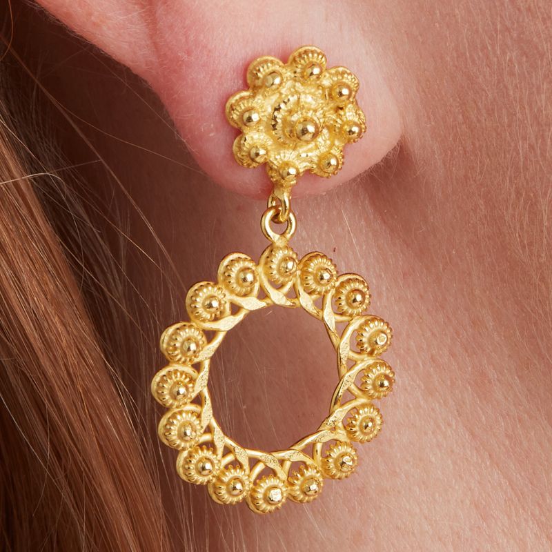 Gold Filigree Stud Circle Drop Earrings
