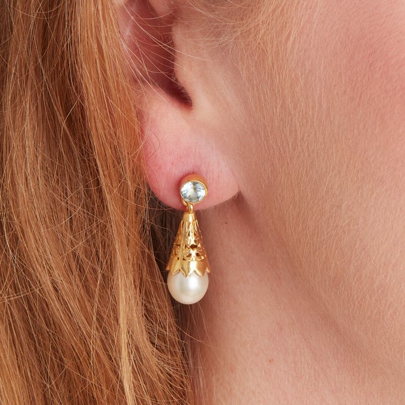 Blue Topaz and Pearl Drop Silver and Gold Plated Stud Earrings