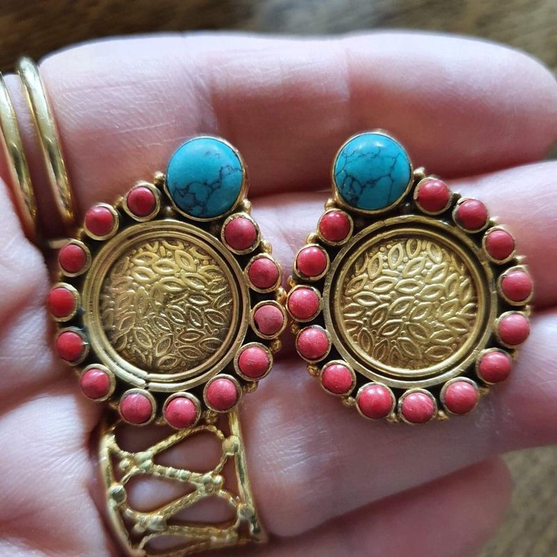 Turquoise and Coral Stud Statement Earrings