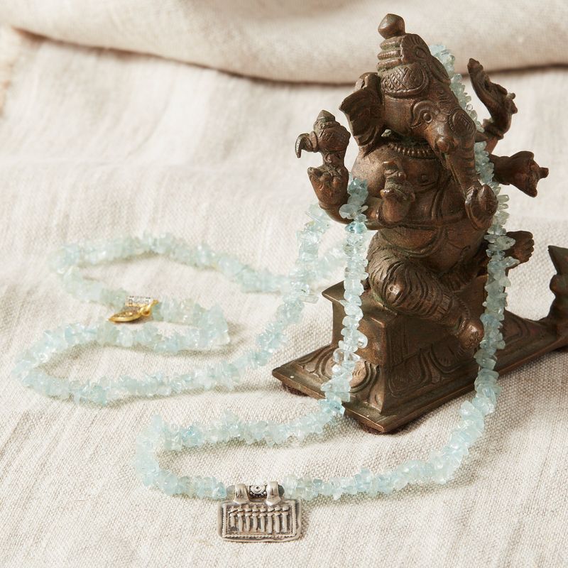 Aquamarine antique silver Indian Goddess pendant long necklace