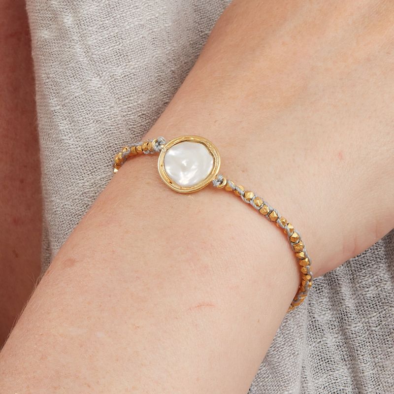 Baroque Pearl and Gold Plated Antique Bead Silver Adjustable Bangle