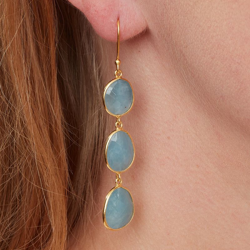 Aquamarine and 18K Gold Plated Sterling Silver Triple Stone Long Drop Earrings