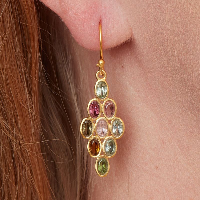 Multi-coloured Tourmaline and Gold Plated Diamond Shaped Drop Earrings