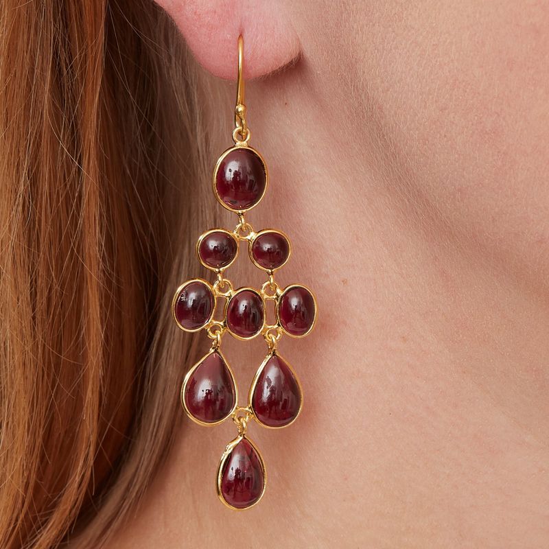 Red Garnet Cabochon with 18K Gold Plated Sterling Silver Chandelier Drop Earrings