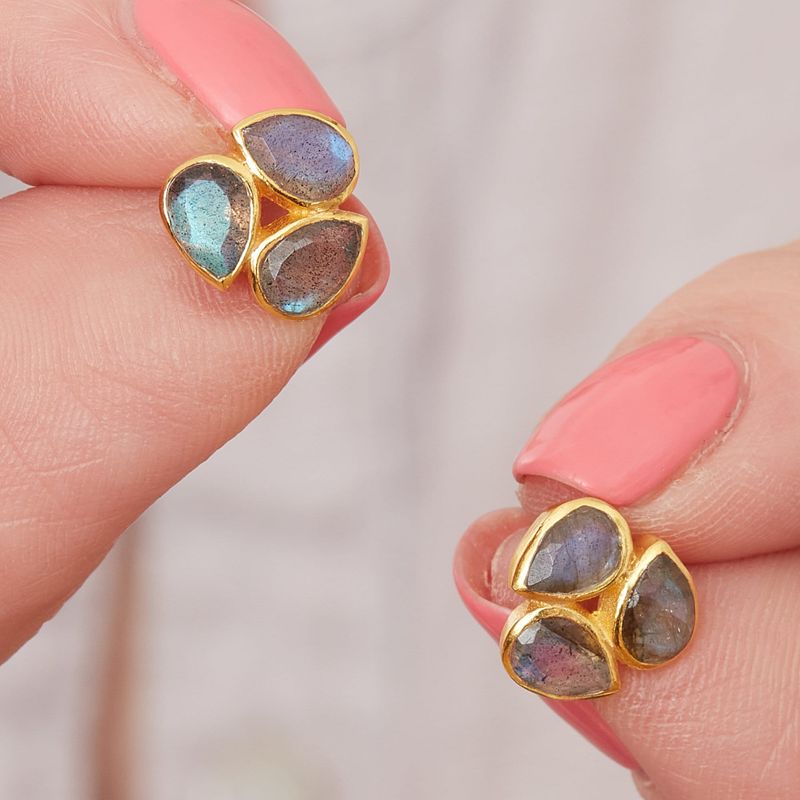 Labradorite and Gold Plated Triple Stone Stud Earrings