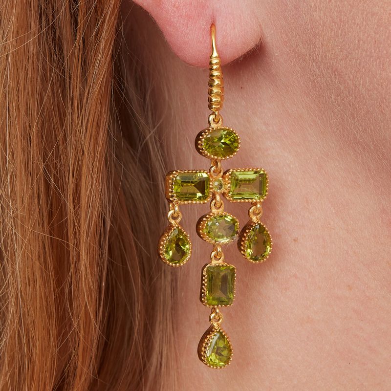 Peridot Multi-shaped Gemstone and Gold Plated Chandelier Earrings