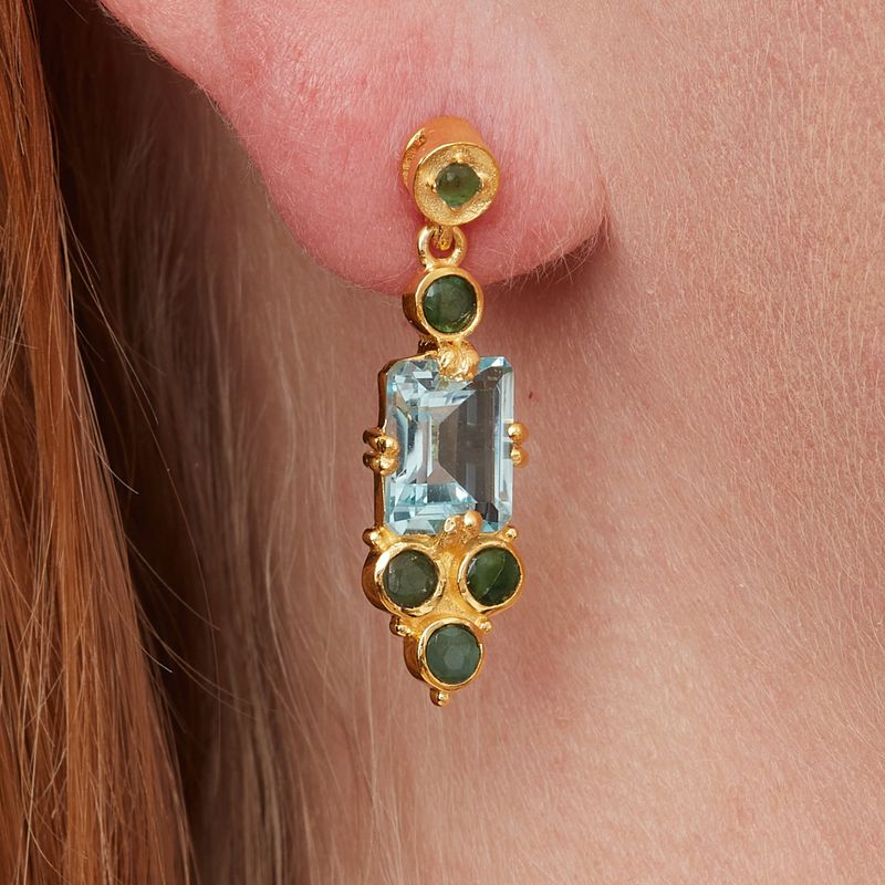 Emerald Blue Topaz and Gold Plated Dangly Stud Earrings