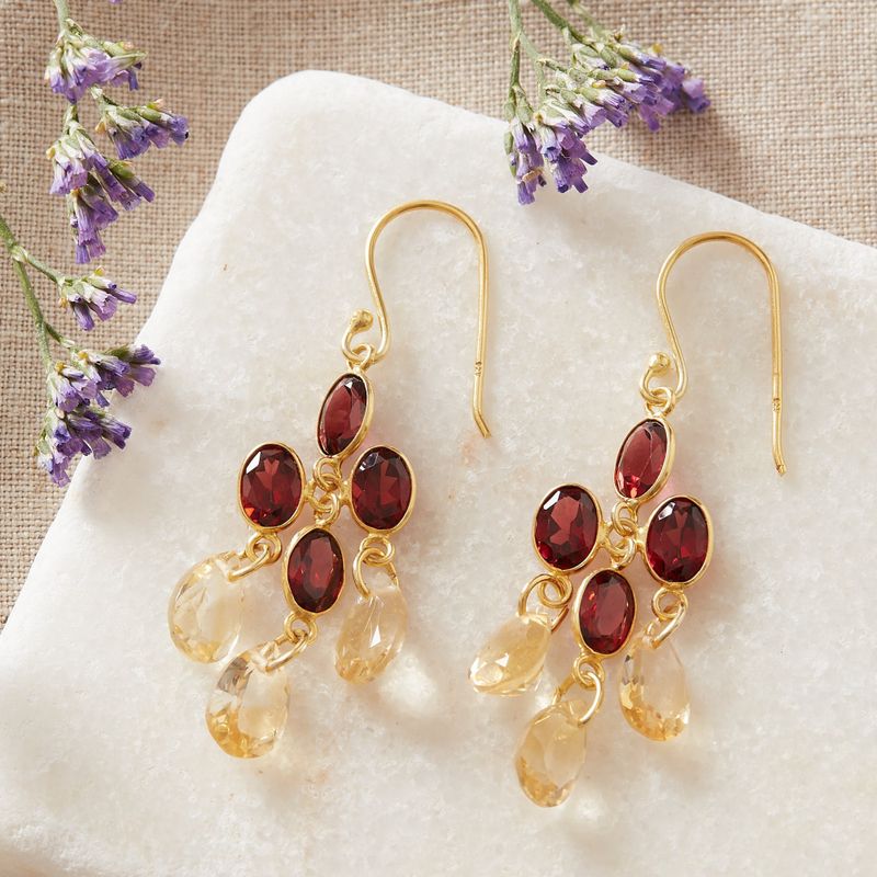 Garnet and Citrine Gold Plated Dangly Drop Earrings