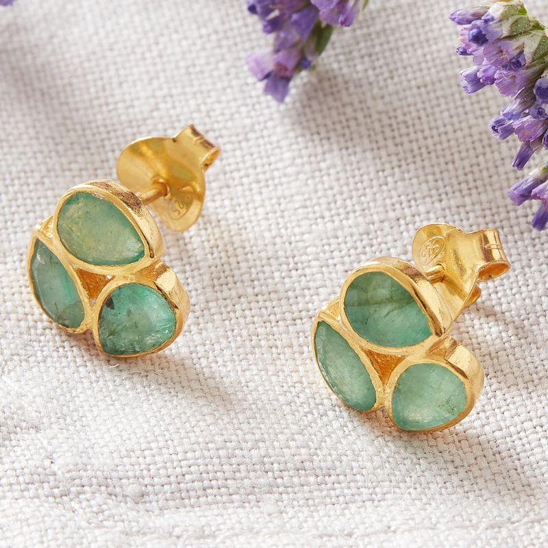 Emerald and 18K Gold Plated Triple Stone Stud Earrings