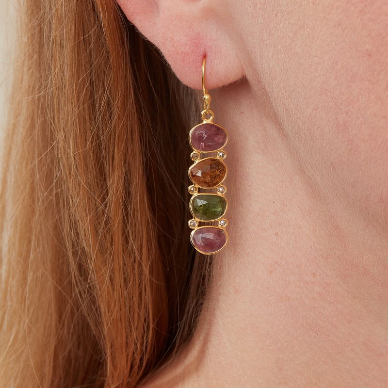 Watermelon Tourmaline and Diamond with Gold Plated Drop Earrings