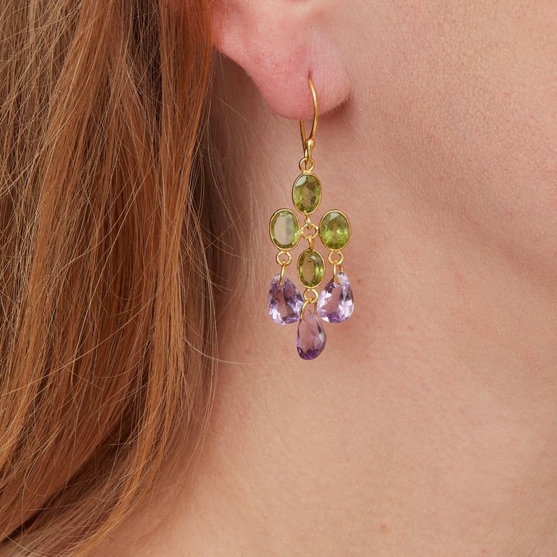Amethyst and Green Peridot Gold Plated Dangly Drop Earrings