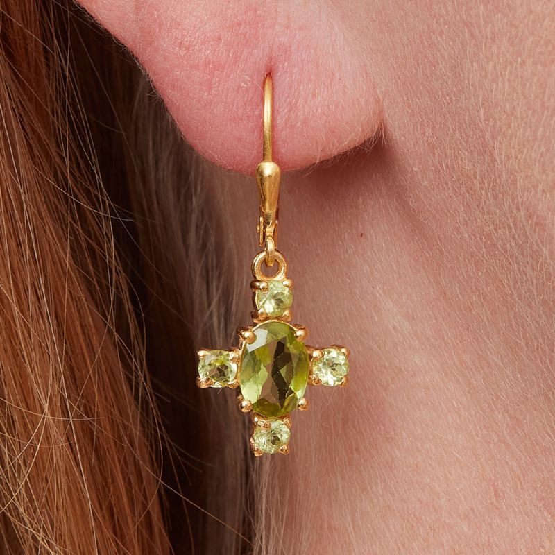 Green Peridot and 18K Gold Plated Sterling Silver Cross Lever Back Drop Earrings