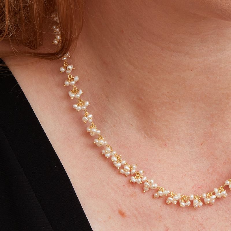 Pearl Bead and 18K Gold Plated Sterling Silver Cluster Necklace