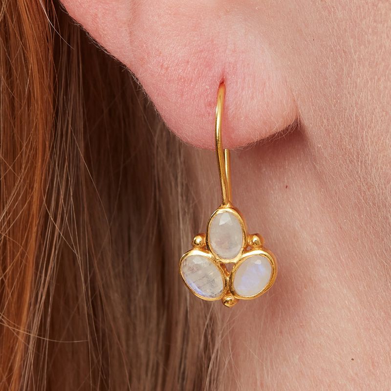 Moonstone Gold Triple Stone Drop Earrings
