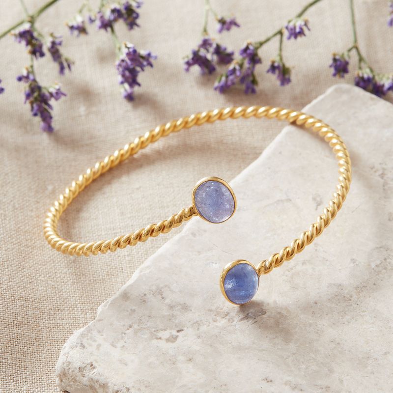 Tanzanite Gemstone and Gold Plated Silver Twisted Band Adjustable Bangle