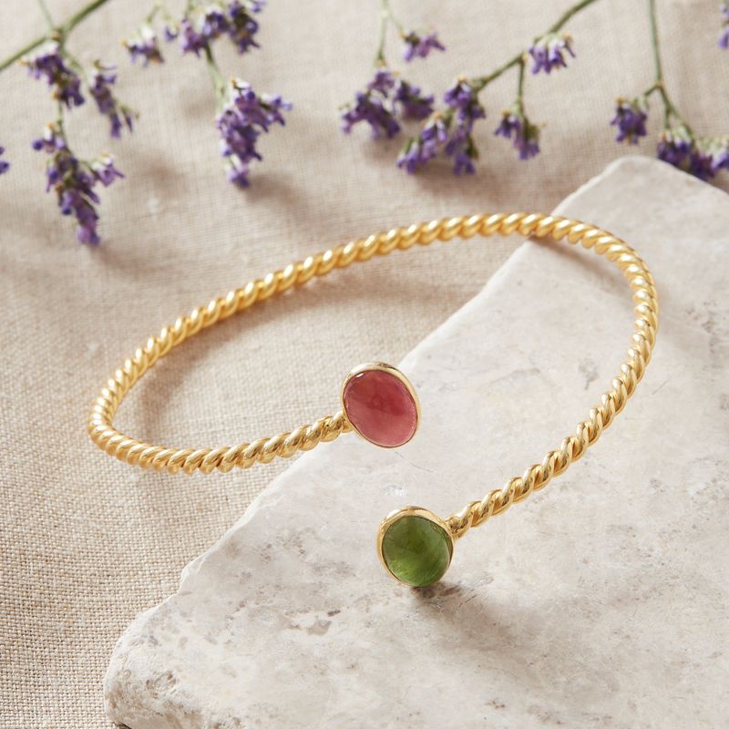 Tourmaline Two-coloured Gemstone and Gold Plated Silver Twisted Band Adjustable Bangle