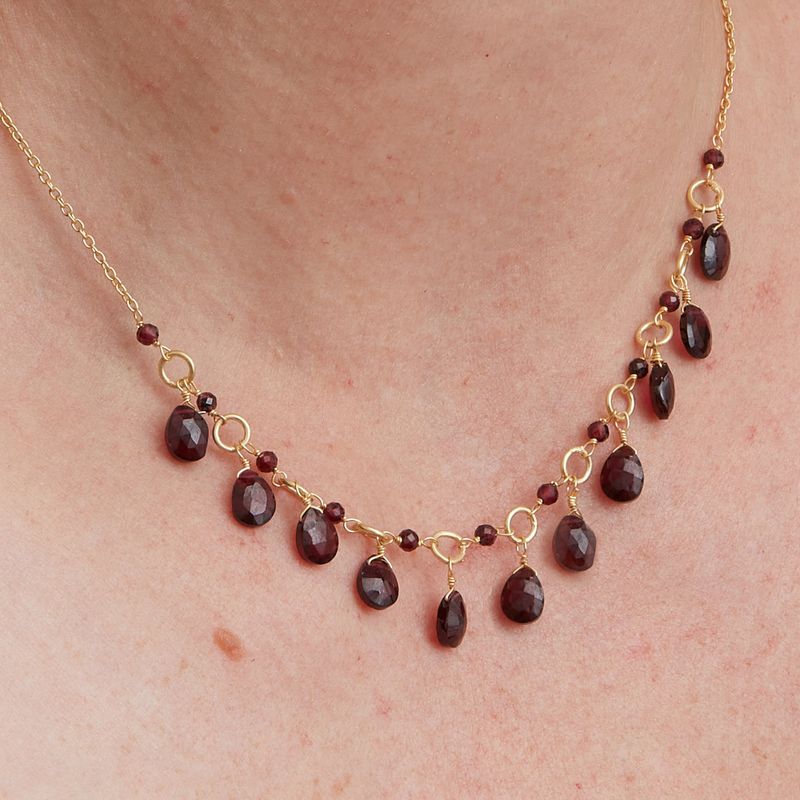 Garnet teardrop and beaded gold chain short Necklace