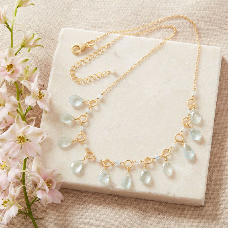 Aquamarine drops and gold Chain link Necklace
