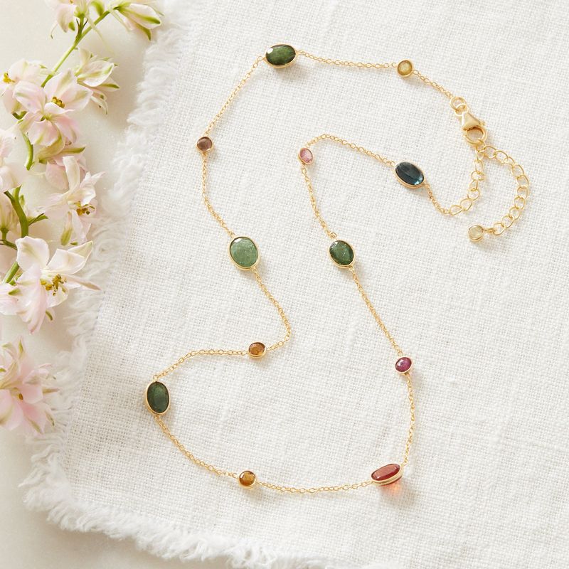 Tourmaline Multi-coloured Pebble and 18K Gold Plated Sterling Silver Short Chain Necklace