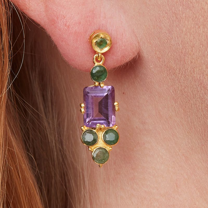 Emerald Amethyst and Gold Plated Dangly Stud Earrings