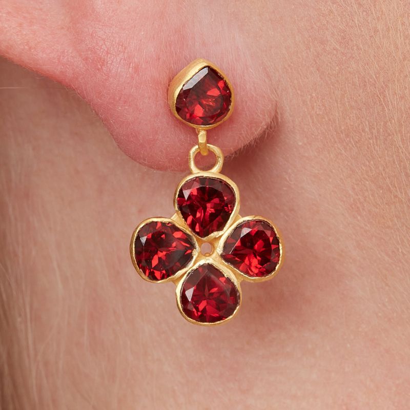 Garnet and Gold Plated Clover Shaped Stud Drop Earrings