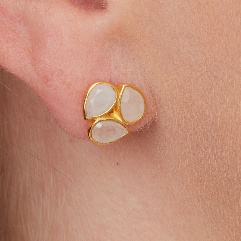 Moonstone and Gold Plated Triple Stone Stud Earrings
