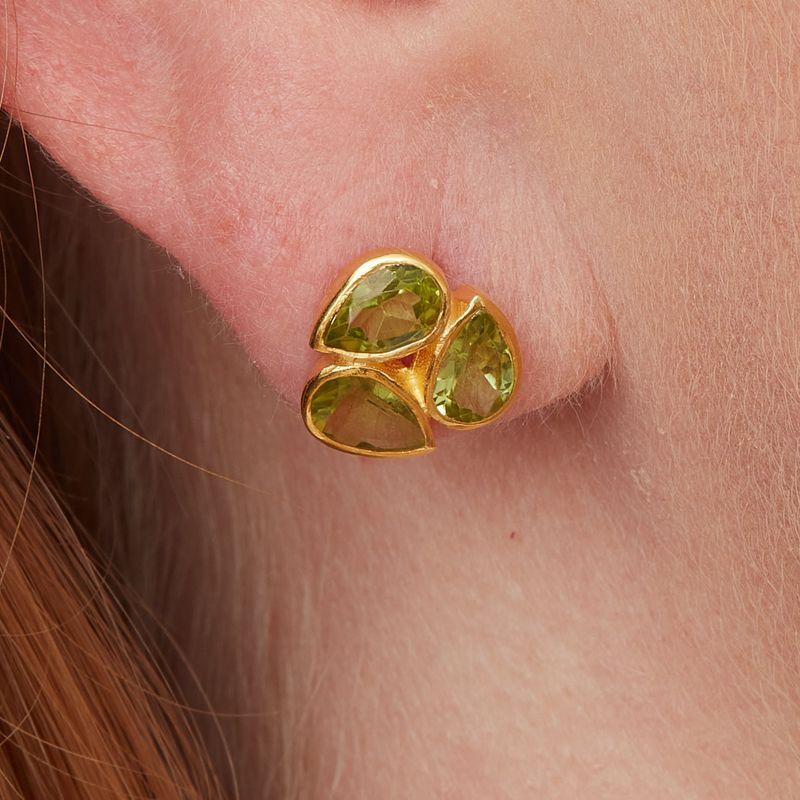 Green Peridot and Gold Plated Triple Stone Stud Earrings
