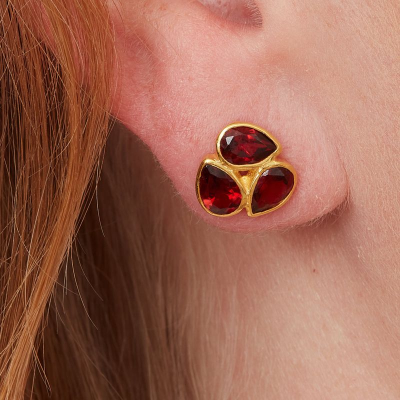 Garnet and Gold Plated Triple Stone Stud Earrings