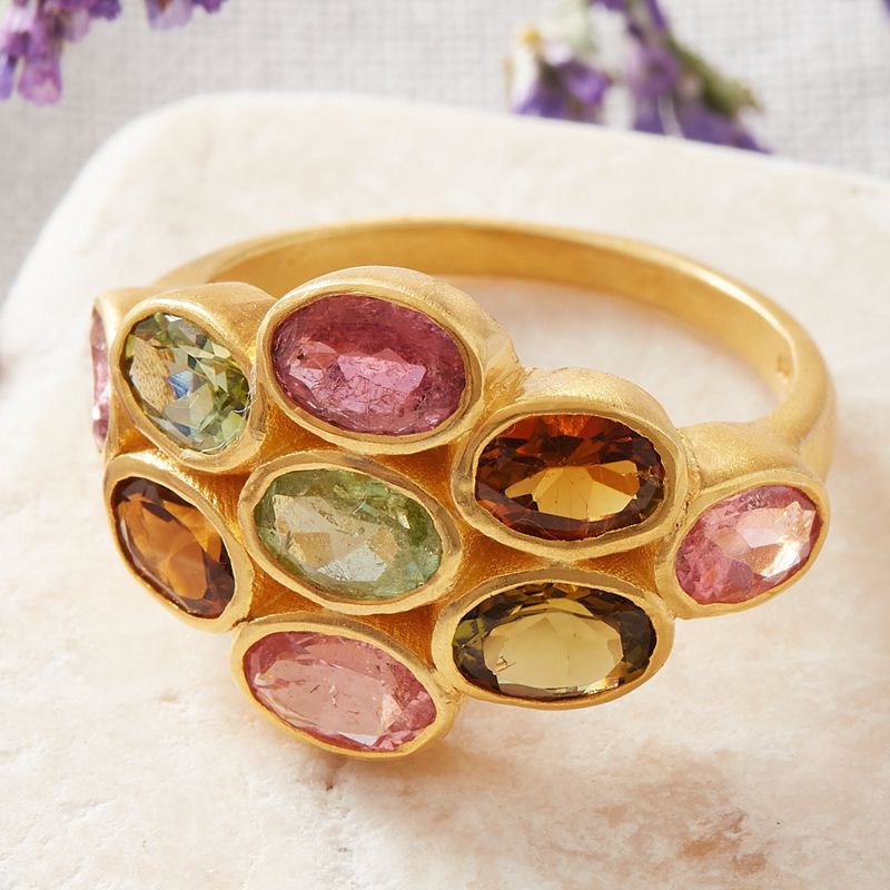 Multicoloured Tourmaline and 18K Gold Plated Stacking Ring