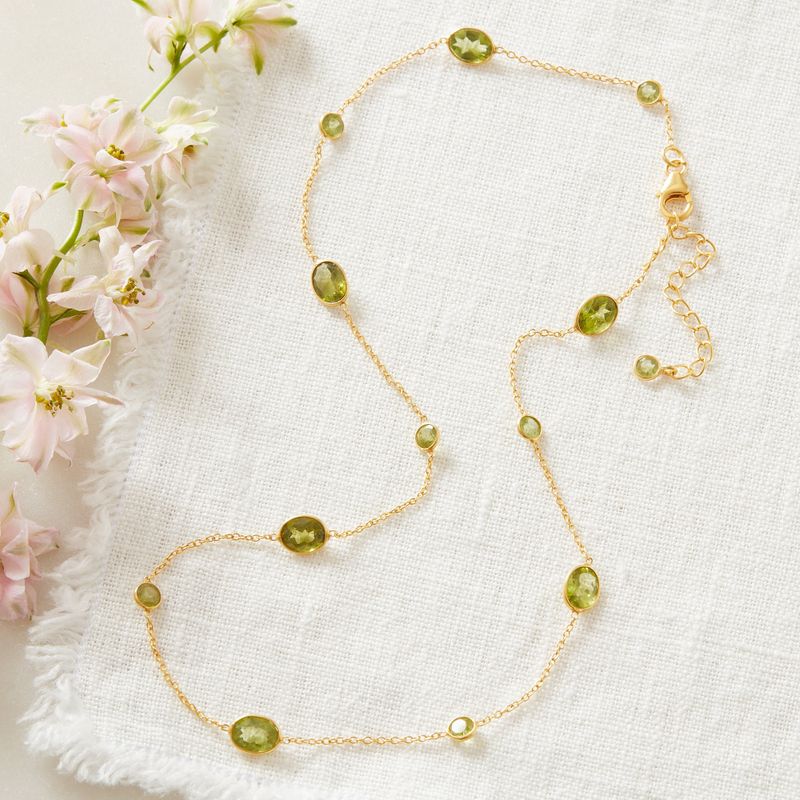 Green Peridot Pebble and 18K Gold Plated Sterling Silver Short Chain Necklace