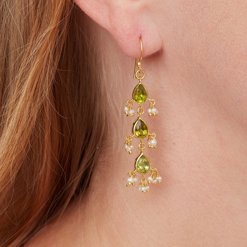 Green Peridot and Seed Pearl Drop Earrings