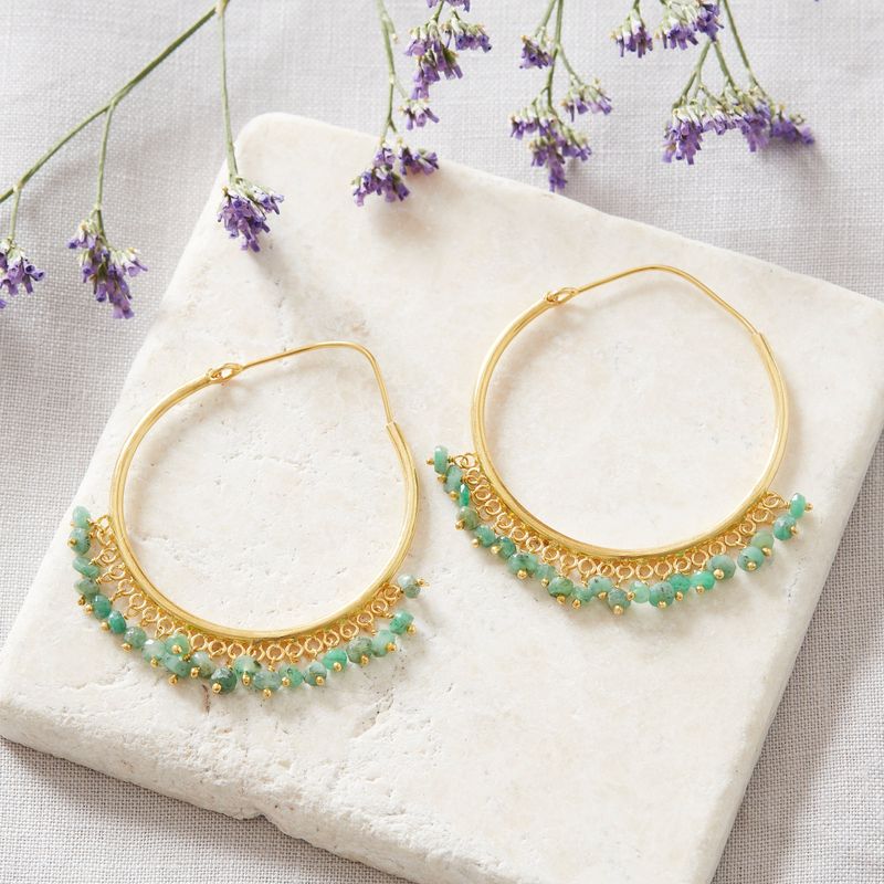 Emerald Beaded Gold Hoop Earrings