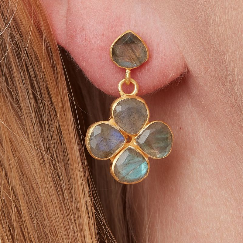 Labradorite and Gold Plated Clover Shaped Stud Drop Earrings
