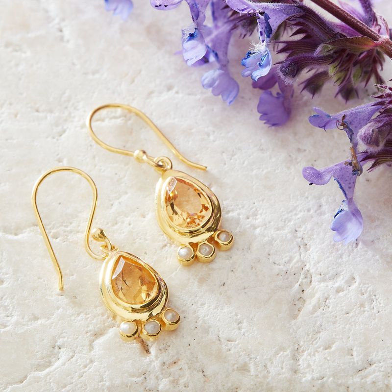Citrine and Gold Seed Pearl Drop Earrings