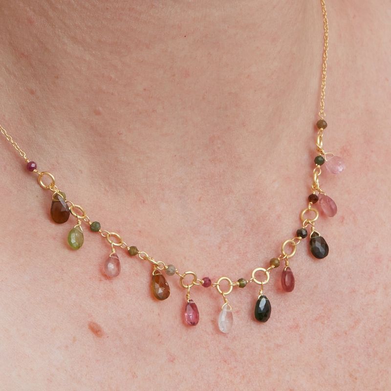 Multicoloured Tourmaline drops and gold link Necklace