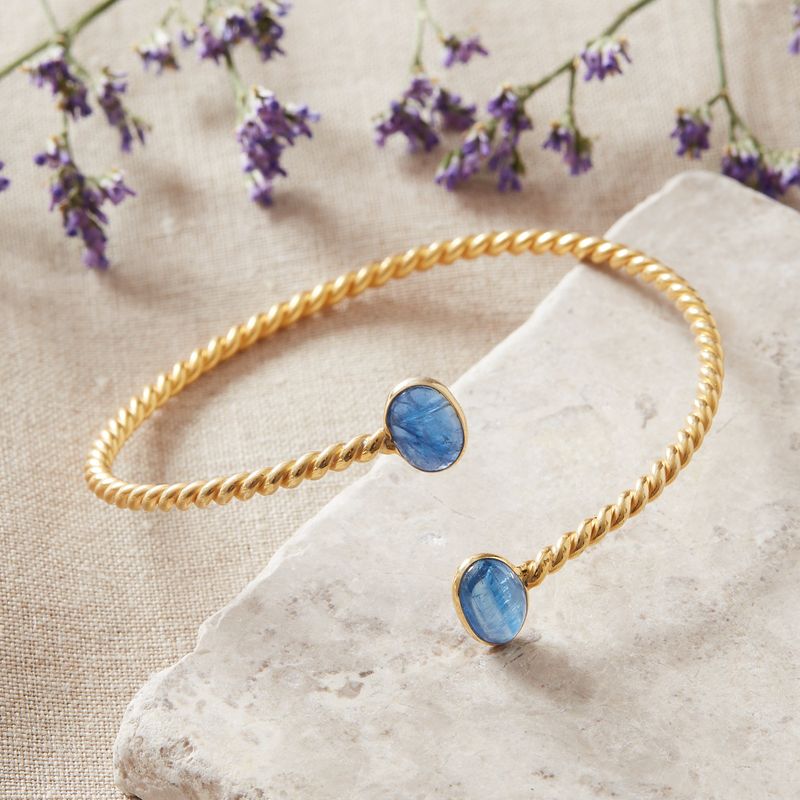 Kyanite Gemstone and Gold Plated Silver Twisted Band Adjustable Bangle