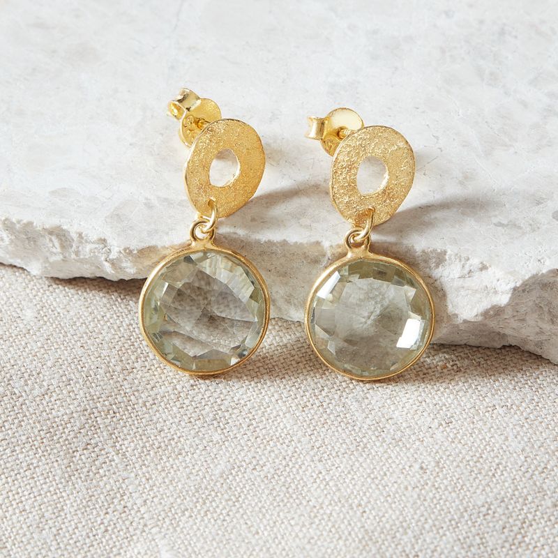 Green Amethyst and 18K Gold Vermeil Textured Earrings
