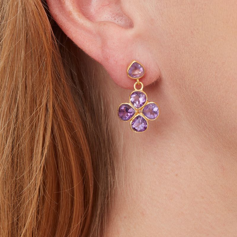 Amethyst and Gold Plated Clover Shaped Stud Drop Earrings