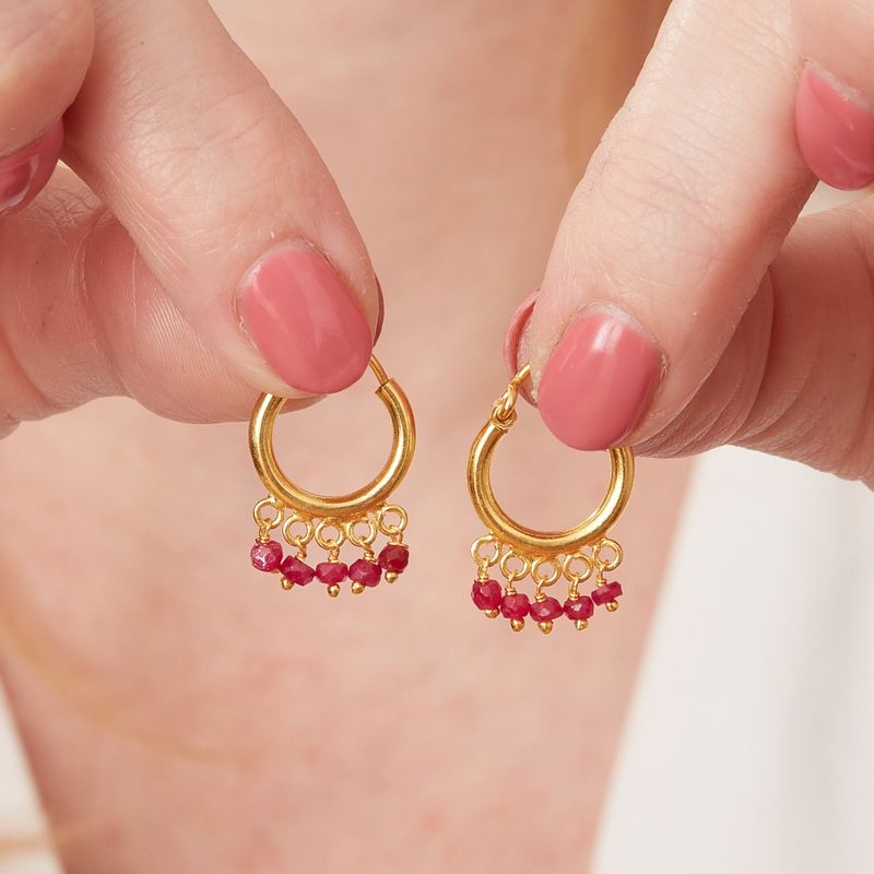 Beaded Ruby and Gold Hoop Huggies