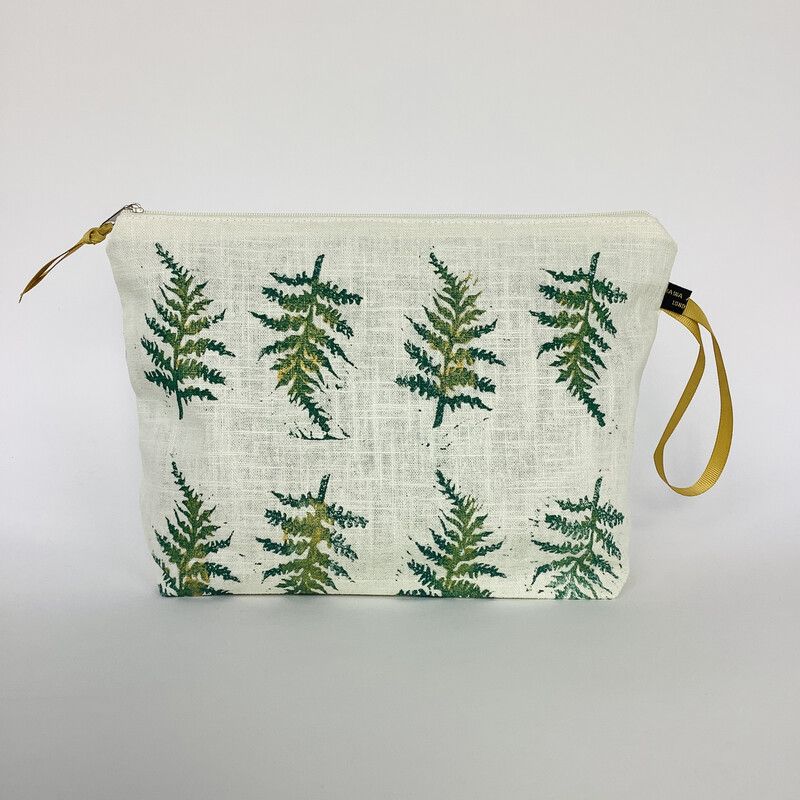 Linen Makeup Bag - cream with emerald green fern motif