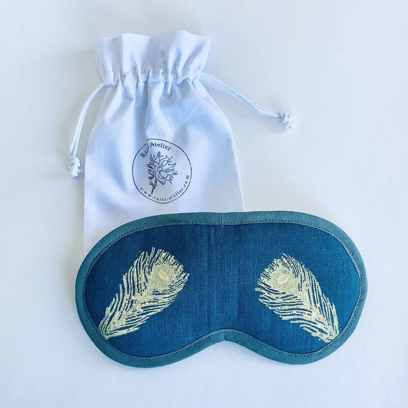 Linen Lavender Infused Eye Mask - Petrol Blue  with peacock feathers motif