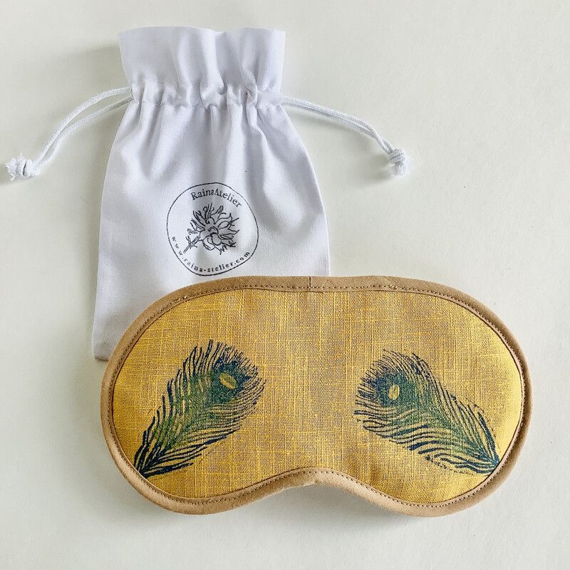 Linen Lavender Infused Eye Mask - Yellow with peacock feathers motif